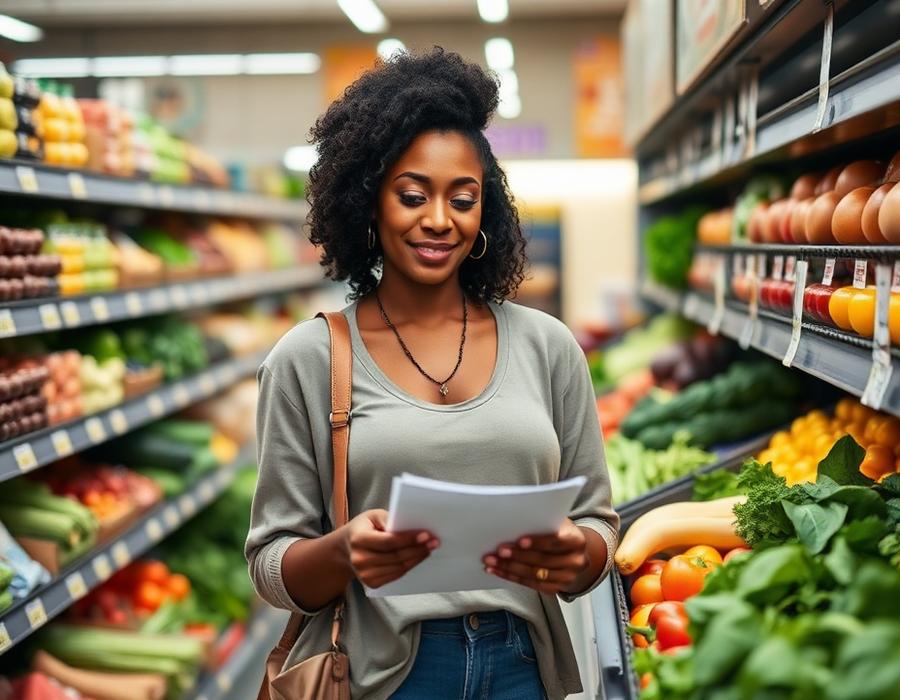 Mulher escolhendo vegetais frescos com a lista de compras