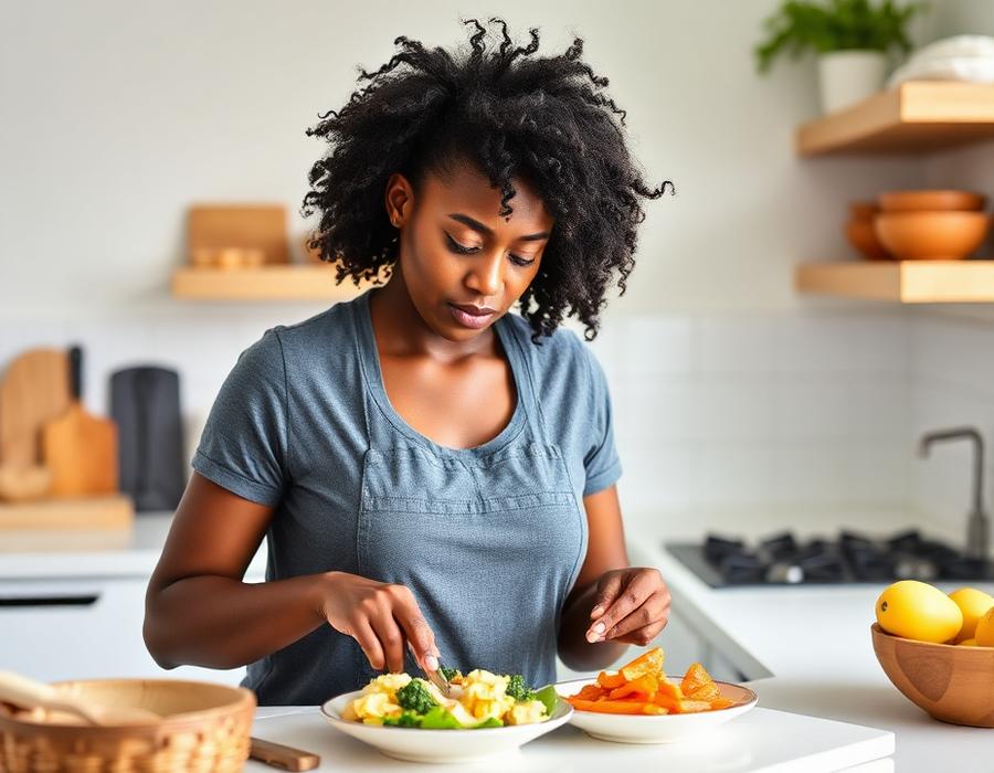 Mulher montando um prato equilibrado na cozinha