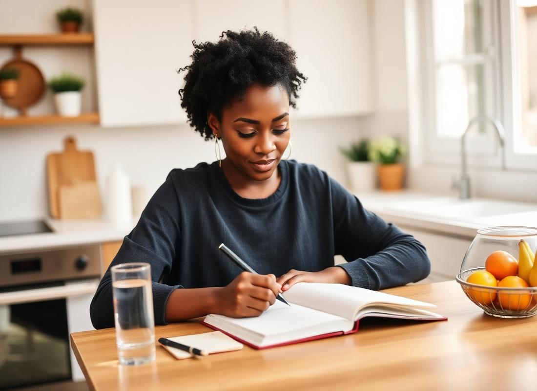 Mulher registrando a rotina alimentar em um caderno na cozinha